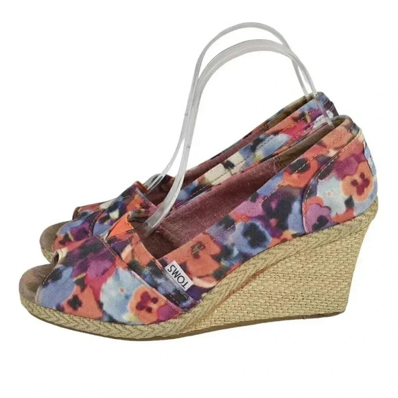 Toms  Floral Wedge Sandal Multi Color Open Toe Espadrille Size 9 - Picture 2 of 15